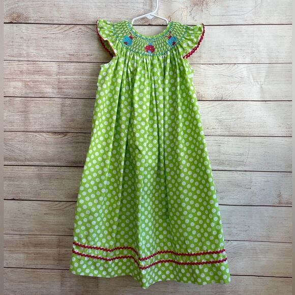 STITCHED AND SMOCKED GREEN AND WHITE POLKA DOT DRESS WITH EMBROIDERED LADYBUGS - Picture 1 of 9